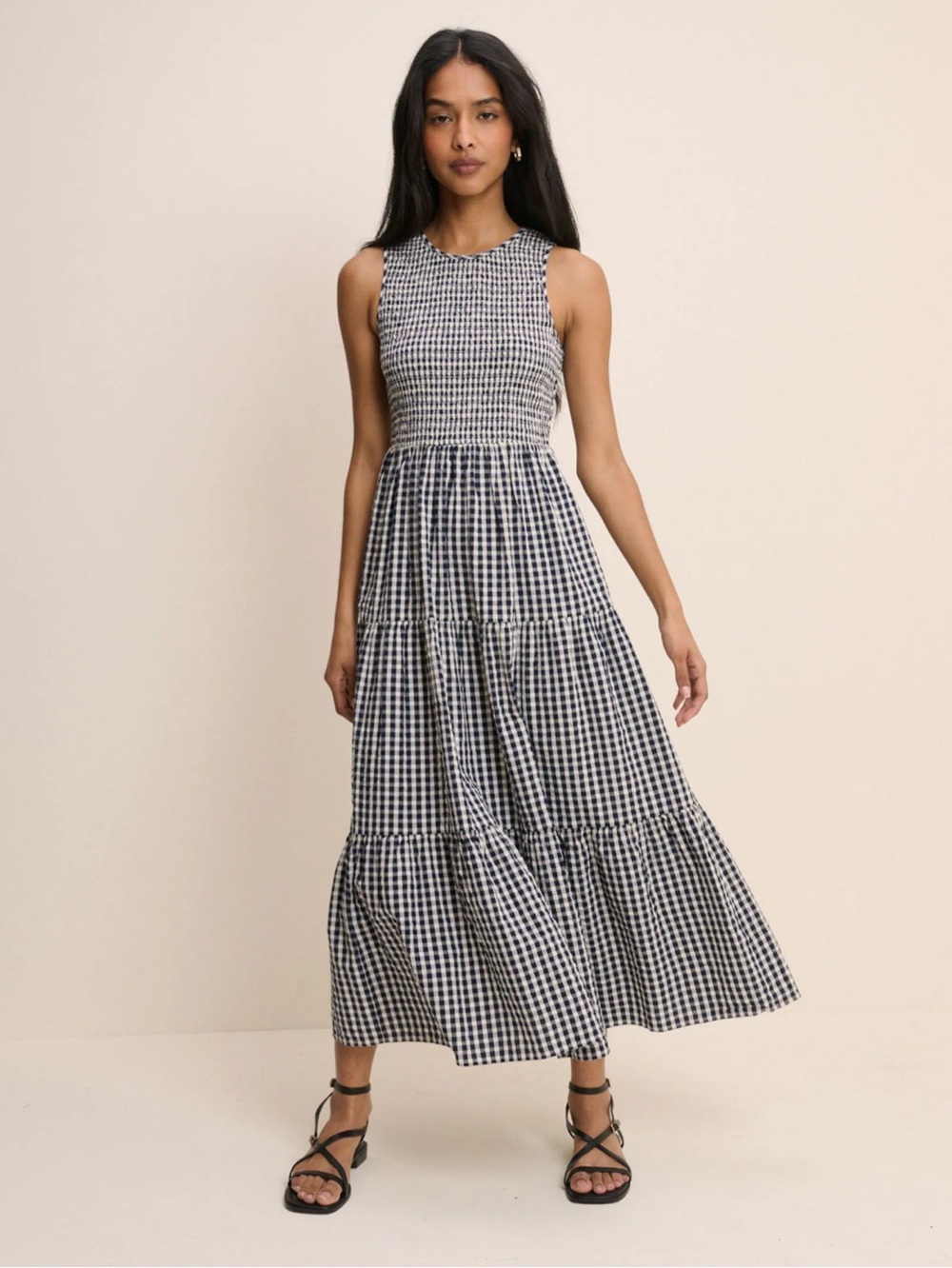 Nobodys Child - Navy Gingham Charlie Sleeveless Tiered Skirt Midaxi Dress